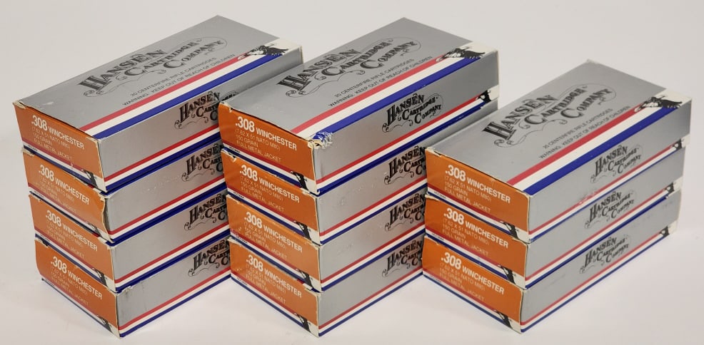 220 Rounds of Hansen .308 Winchester FMJ: 220 Rounds of Hansen .308 Winchester 150Gr FMJ. Comes in 20 round boxes.