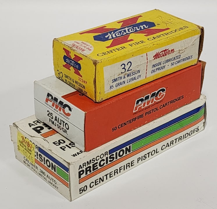 Mixed Lot of .380 Auto, .25 Auto, and .32 S&W: Mixed Lot of .380 Auto, .25 Auto, and .32 S&W. Comes in boxes of 50 and includes 31 Winchester .32 S&W, 40 PMC .25 Auto, and 28 Various Brand .380 Auto.