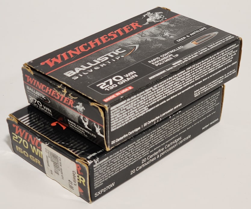 24 Rnds of Winchester .270 Win: 24 Rnds of Winchester .270 Win. Comes in 20 round boxes and includes 13 Ballistic Silver Tip 130Gr Expansion Poly Tip and 11 Supreme Elite 150Gr XP3