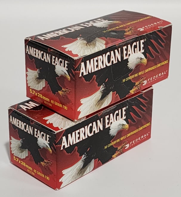 100 Rnds of Federal American Eagle 5.7 x 28 mm FMJ: 100 Rnds of Federal American Eagle 5.7 x 28 mm 40Gr FMJ. Comes in 50 round boxes.
