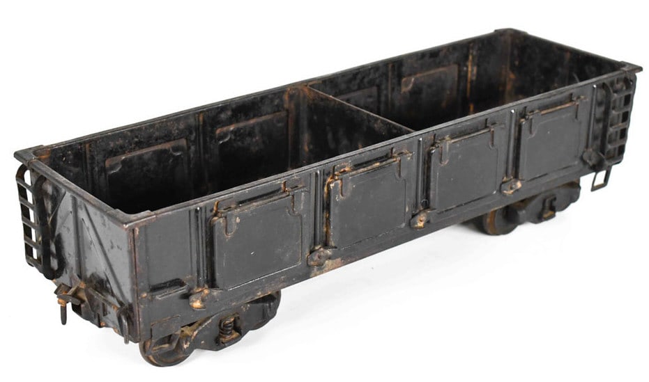 Buddy L Outdoor Railroad Side Ballast Car: Buddy L Outdoor Railroad side ballast car. The car has paint loss, surface rust, and wear from play and age. It is missing both of the couplers, and no decals are showing. Measures approximately 21" l
