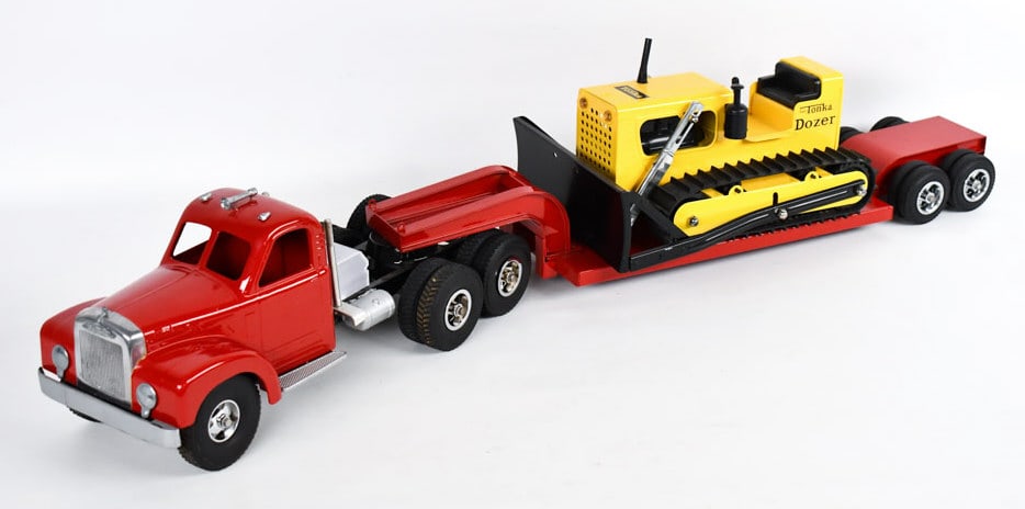 Custom Smith Miller Mack Truck w/ Lowboy & Dozer: Custom Smith Miller B Mack semi truck with lowboy and restored Tonka bulldozer. The truck has a hairline crack in the front bumper. The Mighty Tonka dozer is in good restored condition with some scuff