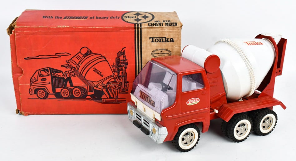 Original Tonka No. 620 Turbine Cement Mixer w/ Box: Original Tonka No. 620 Gas Turbine cement mixer in the original box. The mixer has some some scuffs to the drum and the truck has minor edge wear. The box has some crushing, staining, and wear from ag
