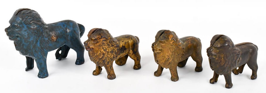 (4) Cast Iron Lion Coin Banks (1 of 13)