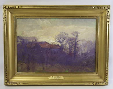 T.C. Steele "Old Law School At Dusk' Oil On Canvas: Beautiful oil on canvas painting by listed Indiana artist Theodore Clement Steele (1847 - 1926) The painting is titled "Old Law School At Dusk IU Campus" and has the name plate on the gold gilt frame.