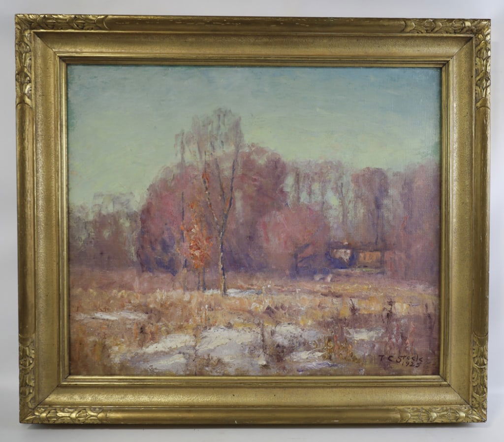 T.C. Steele Autumn Landscape Oil On Canvas: Beautiful oil on canvas painting by listed Indiana artist Theodore Clement Steele (1847 - 1926) The painting features an Autumn landscape with a house in the background, comes in a gold gilt frame. Ni