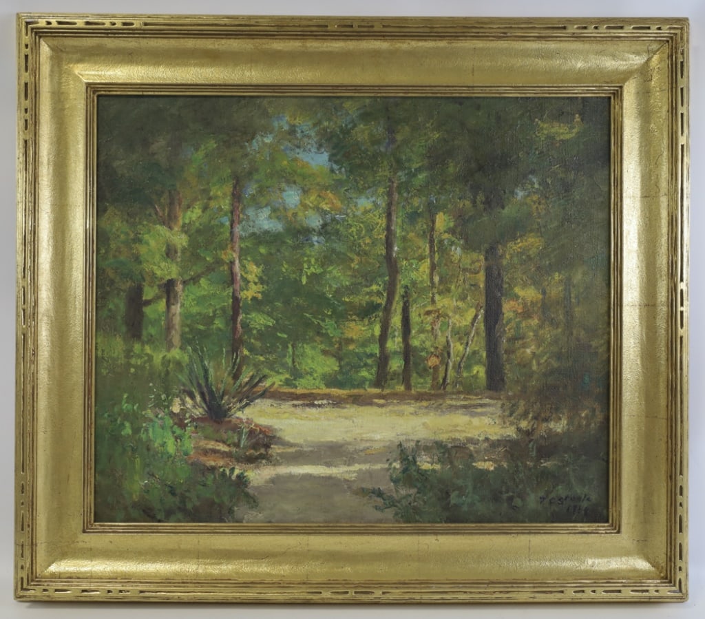 T.C. Steele Woodland Path Oil On Canvas: Beautiful oil on canvas painting by listed Indiana artist Theodore Clement Steele (1847 - 1926) The painting features a woodmand path, comes in a gold gilt frame. Nice condition, signed in the lower r