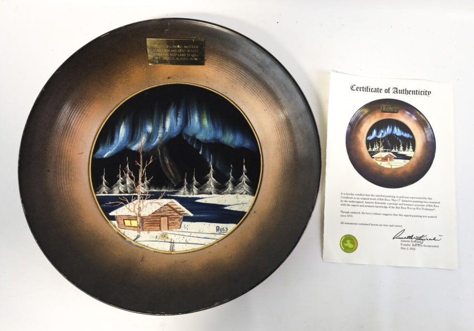 Rare Bob Ross Mixed Media On Velvet Mining Pan: Very rare mixed media on velvet painting by listed Florida artist Bob (Robert Norman) Ross (1942 - 1995) The painting is titled "Northern Lights" and was painted on velvet and then mounted to a mining