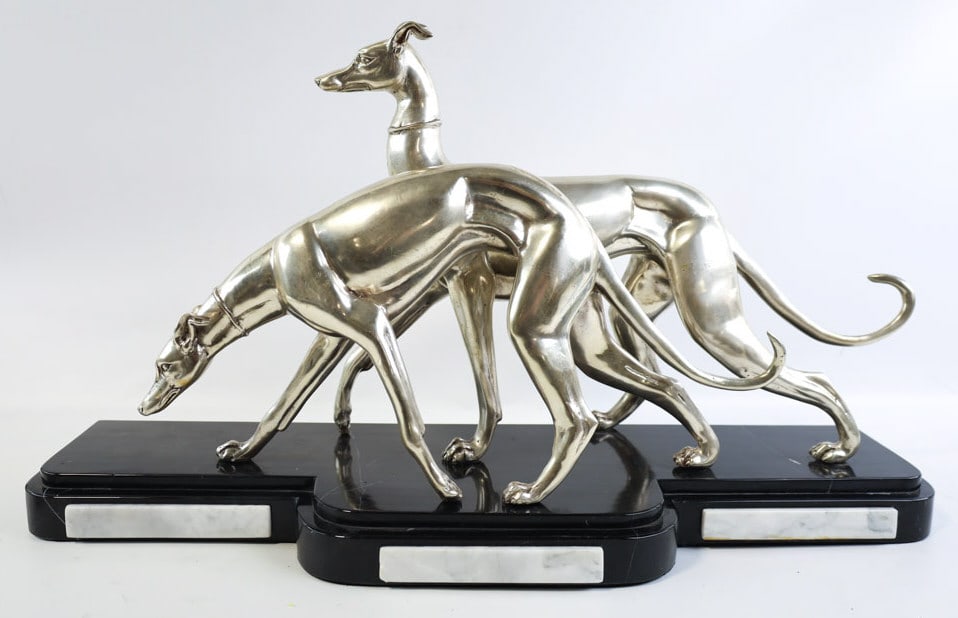 Silverplated Bronze Art Deco Whippet Dogs Statue (1 of 11)