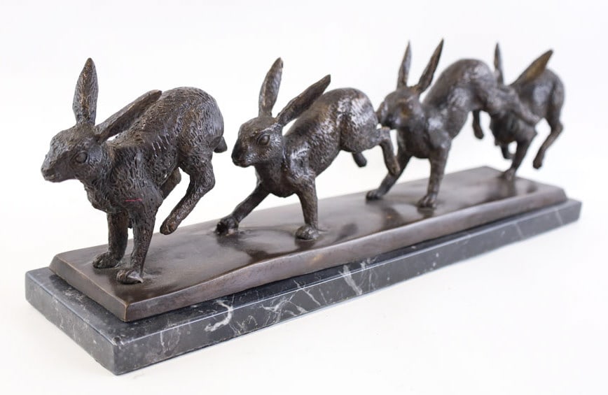 Bronze Running Rabbits Statue On Marble Base (1 of 8)