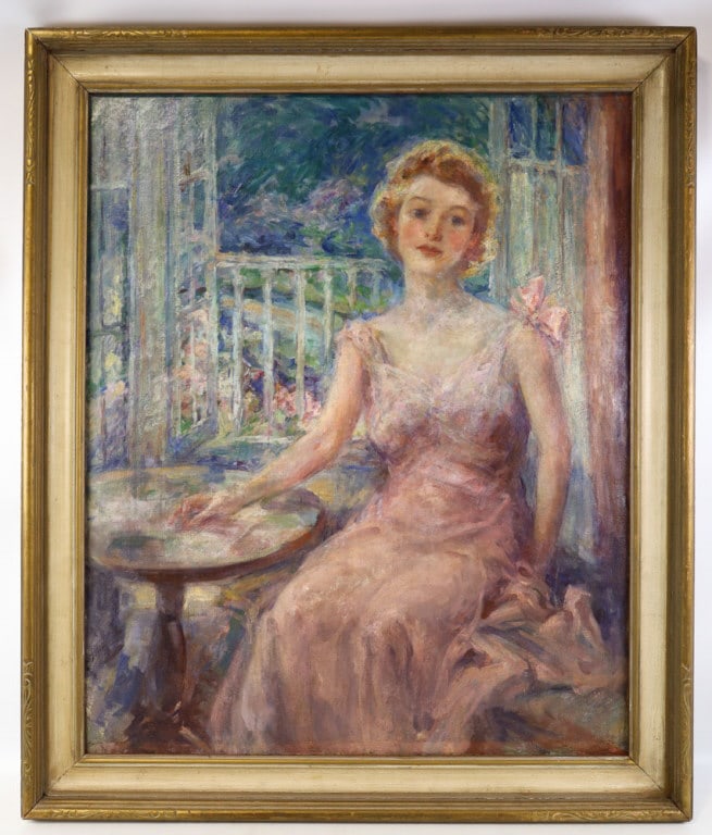 Maude Eggemeyer "Lady In Pink" Oil On Canvas: Oil on canvas painting by listed Indiana artist Maude Eggemeyer (1877 - 1959). The painting is titled "Lady In Pink" and is unsigned. Sight measures approx. 27-1/2" across 33-1/2" tall, framed measure