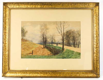 Richard Buckner Gruelle "Along The Way" Painting: Watercolor on paper painting by listed Indiana artist Richard Buckner Gruelle (1851 - 1914). The painting is titled "Along The Way" and is signed in the lower right. Sight measures approx. 21-1/2" acr