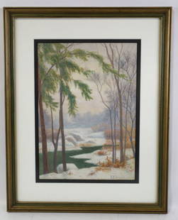 Richard Buckner Gruelle Winter Landscape Painting: Gouache on paper painting by listed Indiana artist Richard Buckner Gruelle (1851 - 1914). The painting features a Winter landscape, signed in the lower right. Sight measures approx. 10" across 14" tal