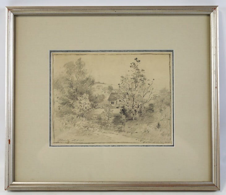 John Elwood Bundy "Woodland Cabin" Pencil Sketch: Pencil sketch drawing by listed Indiana artist John Elwood Bundy (1853-1933). The sketch features a Woodland Cabin, signed in the lower left and dated 1917. Sight measures approx. 9" across 7" tall, f