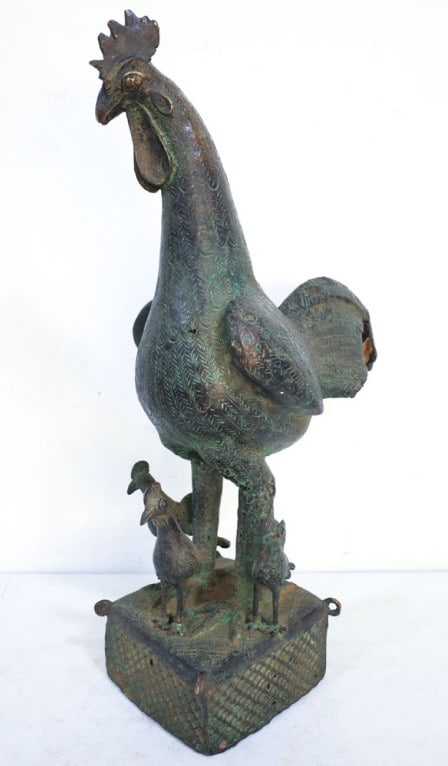 Patinated Bronze Rooster With Chicks Statue (1 of 8)