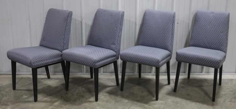 Mid Century Modern 4 Piece Upholstered Chairs: Mid Century Modern set of four upholstered chairs. The chairs have dusty lilac upholstery and have been recovered, legs are black and show some use wear, unmarked. Measures 21" deep x 35" tall x 18" a