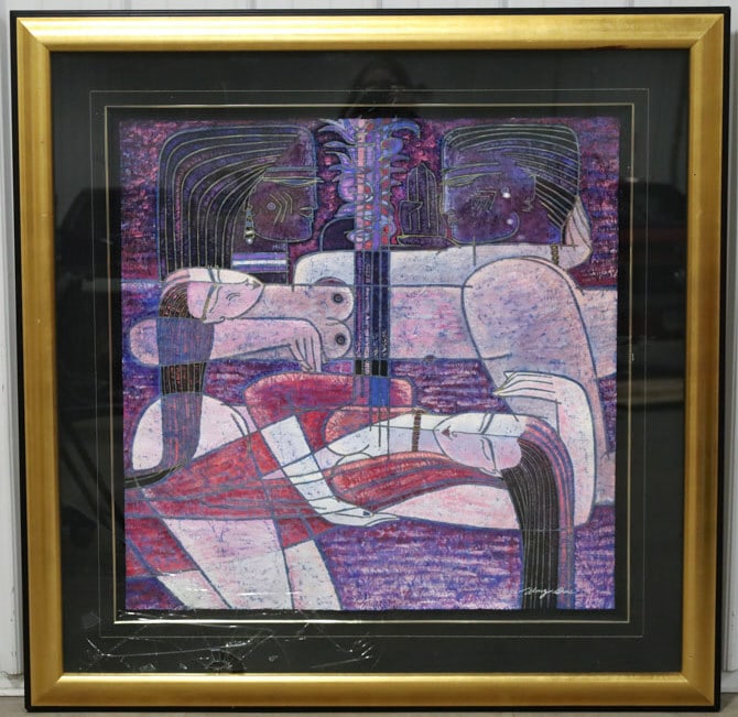 Adrian Wong-Shue "Daydreams" Mixed Media Painting: Original mixed media painting on paper by listed California/Jamaica artist Adrian Wong-Shue (Born 1952). The painting is titled "Daydreams" and is signed in the lower right. Comes in a beautiful gold