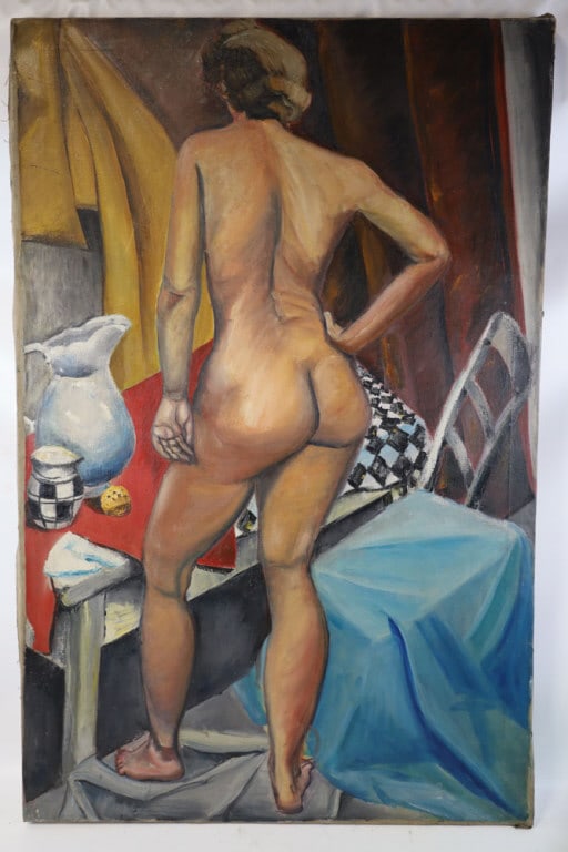 J.N. Perkins Standing Nude Oil On Canvas: Oil on canvas painting by artist J.N. (Nelson) Perkins. The painting features a standing nude woman, unframed and unsigned. Sight measures approx. 30" across 48" tall.