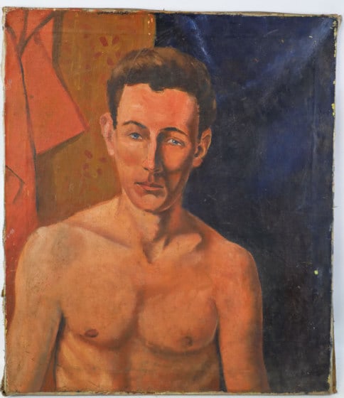 J.N. Perkins Nude Male Oil On Canvas: Oil on canvas painting by artist J.N. (Nelson) Perkins. The painting features a nude male portrait, unframed and signed on the verso. Sight measures approx. 24" across 28" tall.
