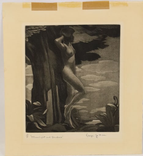 George Jo Mess Moonlight & Shadows Signed Etching: Numbered etching by listed Indiana artist George Joseph Mess (1898 - 1962). The etching is titled "Moonlight and Shadows" and features a nude woman standing by a tree. It is signed in the lower right 