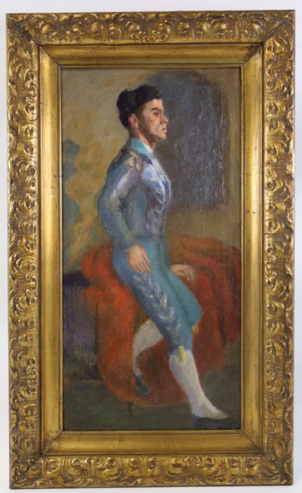 Unsigned "Spanish Matador" Oil On Board: Unsigned oil on board painting featuring a Spanish Matador. Nice quality painting with good color. Sight measures approx. 11-3/4" across 23-3/4" tall, framed measures 24-3/4" across 30" tall.