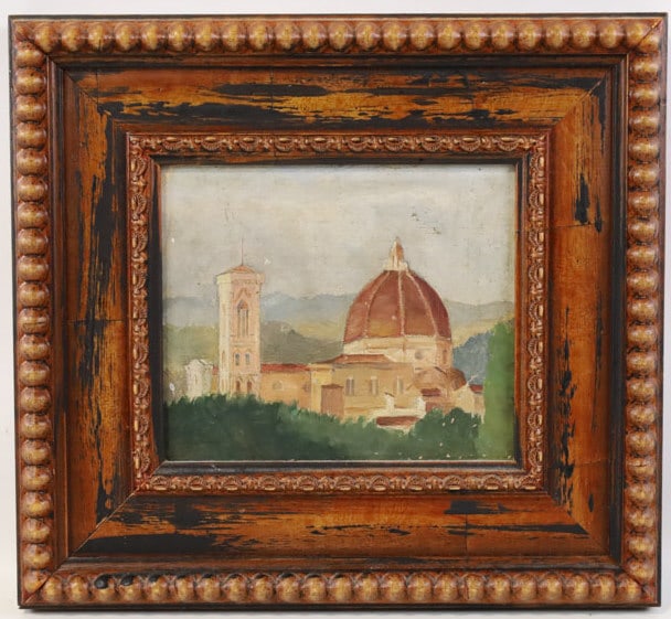 Antique Florence Italy Oil On Canvas: Antique oil painting on canvas laid on board painting featuring Florence Italy. Painting in unsigned. Sight measures approx. 6-1/2" across 5-1/2" tall, framed measures 12" across 10-7/8" tall.