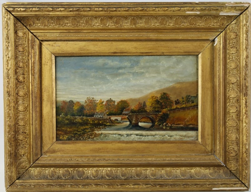 Antique Signed European Landscape Oil On Board: Antique Oil on board painting. The painting features an European landscape and is signed "RW" in the lower left. Sight measures approx. 10-5/8" across 6-3/8" tall, framed measures 18-1/4" across 14" t