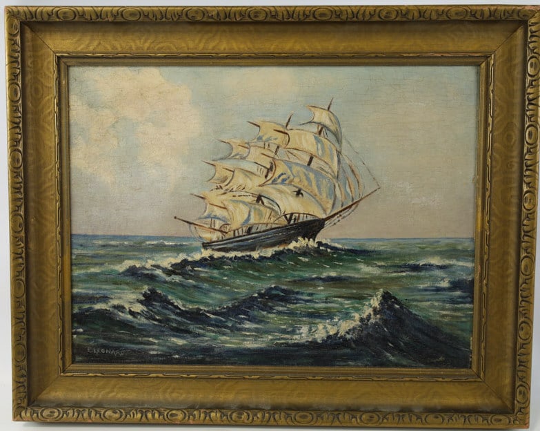 E. Leonard Clipper Ship Oil On Board Painting (1 of 7)