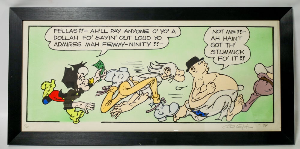 Framed Al Capp Li'l Abner Signed Comic Silkscreen: Limited Edition Signed Li'l Abner Comic Silkscreen by illustrator Al Capp. The silkscreen features Mammy Yokum chasing Pappy Yokum and is signed by Al Capp in the lower right, dated 1974. Number 47 of