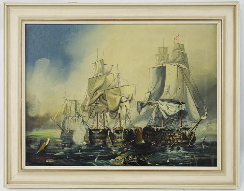 Signed Galleon Ships Oil On Canvas: Oil on canvas painting featuring Galleon Ships after a battle. The painting is signed in the lower left. Sight measures approx. 15-1/8" across 11-1/4" tall, framed measures 18-1/2" across x 14-5/8" ta