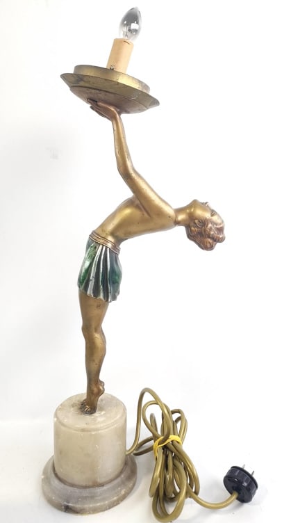 Bronze & Marble Young Girl Art Deco Lamp: Bronze & marble art deco lamp featuring a young girl. Nice condition with some use wear. Measures approx. 24" tall x 6" across x 8-1/2" deep overall. *SHADE WAS BROKEN AND WILL NOT BE INCLUDED WITH TH