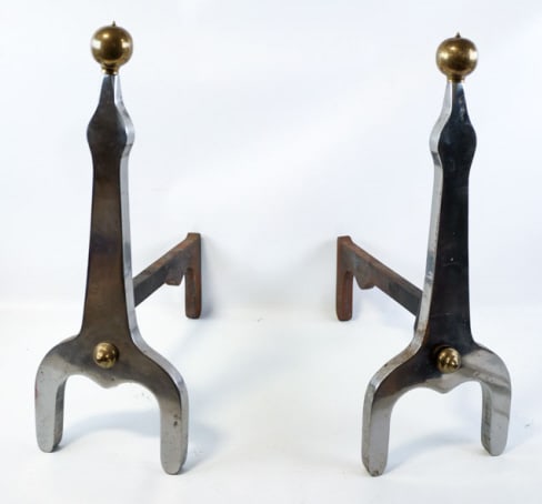 Arts & Crafts Chrome & Brass Andirons: Nice pair of chrome and brass Arts & Crafts Andirons. Very nice condition with a factory stamp number. They measures 22" tall.