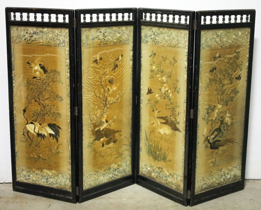 Antique Chinese Silk Four Panel Divider (1 of 14)