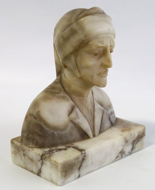 Late 19th Century "Dante" Marble Bust: Beautiful late 19th century marble bust of Dante. The bust is in very nice condition on an attached base. Measures 7" tall x 6" across x 3-1/4" deep including the base.
