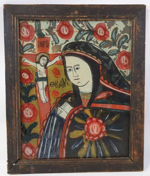 Antique Mary & Jesus On Cross Icon On Glass (1 of 9)