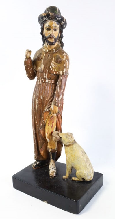 Antique Hand-Carved Wood Santo With Dog Statue: Antique Hand-Carved Wood Santo With Dog Statue. Nice condition with most of the original paint. Measures approx. 20" tall x 8-1/2" across x 6" deep.