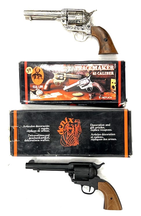 BBM Replica Revolver & Danix Revolver in Box: BBM Replica Revolver & Danix Revolver in Box. Revolvers are in nice used condition. Both revolvers are in Denix boxes. BBM revolver is black in color. Other revolver is chrome and is engraved.
