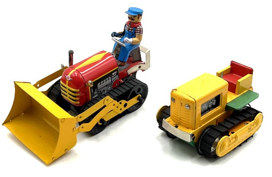 Vintage Tin Litho Bulldozer Tractor MS357 Windup: Vintage Tin Litho Classic Bulldozer Tractor MS357 With Loader Clockwork Windup Toy, and Unmarked Vintage Tin Yellow Crawler Toy. The loader toy displays nicely with minimal scratches, and great graphi