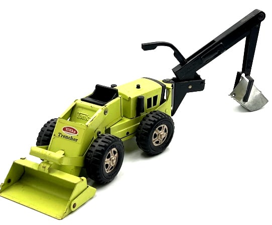 1970's Tonka Trencher Front End Loader/Backhoe: 1970's Tonka Trencher Front End Loader/Backhoe Pressed Steel Lime Green Toy. This trencher is in good working condition, but has some scrathces and paint worn due to play and age. Measures approximate