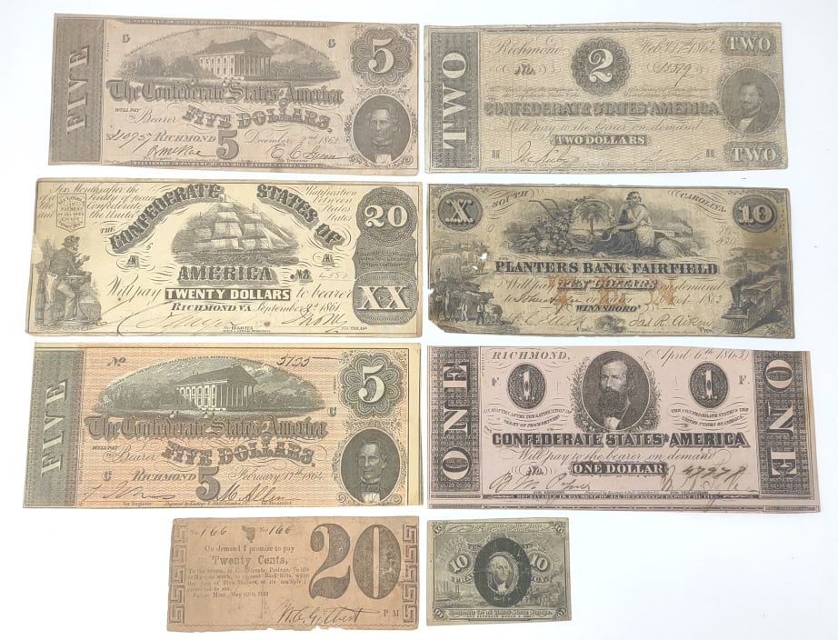 (8) Confederate States of America Bills: (8) Confederate States of America Bills. (5) 1861-1864 Richmond, Virginia One Dollar, Two Dollar, Five Dollar, and Twenty Dollar. 1853 South Carolina Ten Dollars. 1862 Mississippi Twenty Cents. 1863 U