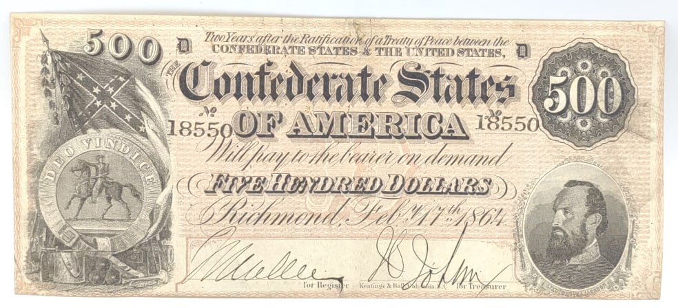 1864 Confederate States of America $500 Note (1 of 2)