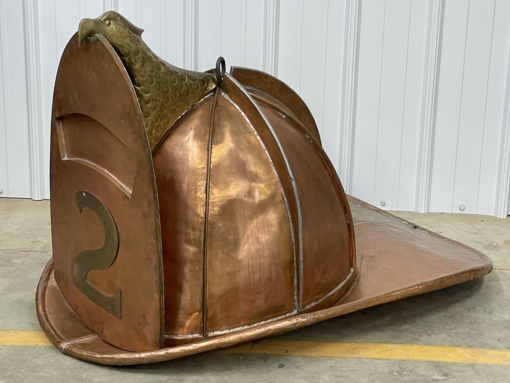 Giant Copper Figural Hanging Fireman's Helmet (1 of 13)