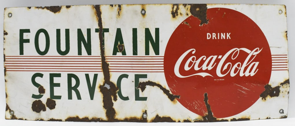 Vintage SSP Coca-Cola Fountain Service Sign: Vintage single sided porcelain Coca-Cola Fountain Service sign. Worn condition with porcelain loss, rust damage, and other wear from use and age. Measures approximately 29-1/2" across by 11-5/8" tall.