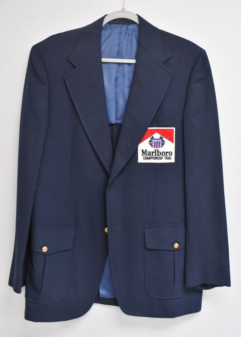 USAC Marlboro Championship Trail Sports Jacket: Marlboro was the sponsor of the USAC Championship Trail for a short time in the early 1970s. This sports jacket belonged to Bobby Unser and he would have used it for public events where he represented