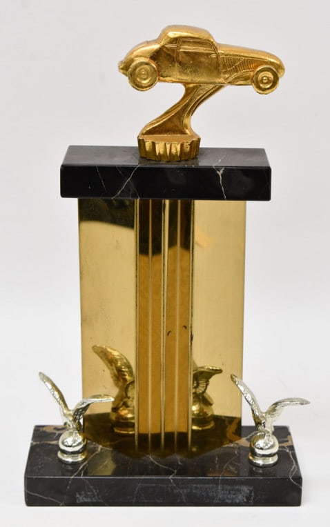 1950s Drag Race Marble Trophy: 1950s Drag Race Marble and Plated Trophy with Ford Coupe topper. The ID tag has been removed. Measures approximately 12" tall.REF#MER3009