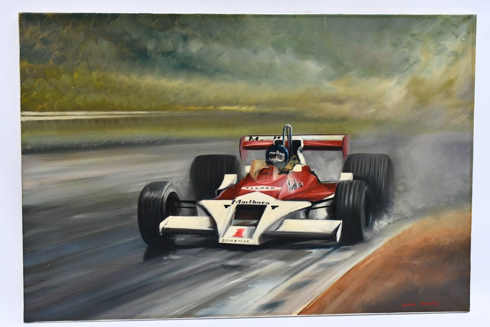 1977 Hunt McLaren M26 F1 Racing Art By Dion Pears: Original James Hunt in his 1977 McLaren M26 F1 racer original art work acrylic on canvas by Dion Pears. Appears to be in good condition with some discoloration on the edge where the frame was, and oth