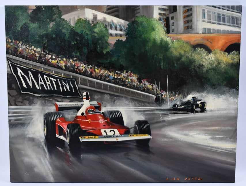 1975 Niki Lauda Ferrari 312T Art By Dion Pears: Original Niki Lauda in his 1975 Ferrari 312T F1 racer original art work acrylic on canvas by Dion Pears. Appears to be in good condition with some discoloration and other wear from age and display. It