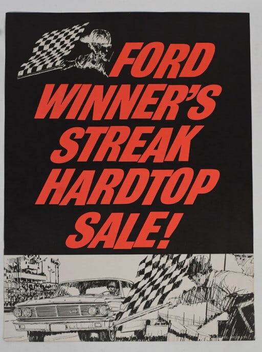 1960s Ford Hardtop Dealership Racing Poster: Original 1960s Ford Winner's Streak Hardtop advertising dealership promotional poster. Appears to be in overall good condition with some discoloration, edge / corner wear, and other wear from use and 