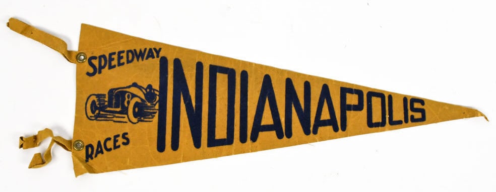 1936 Indianapolis Speedway Louis Meyer Pennant: 1936 Indianapolis Speedway Louis Meyer No.8 racing flocked felt pennant. Appears to be in fair condition with some cracking in the felt, pin holes, and wear from age and storage. Displays well with gr