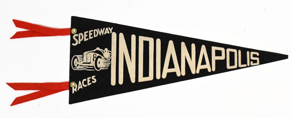 1936 Indianapolis Speedway Louis Meyer Pennant: 1936 Indianapolis Speedway Louis Meyer racing flocked felt pennant. Appears to be in good condition with some cracking in the felt and wear from age and storage. Missing tip. Displays well with great 